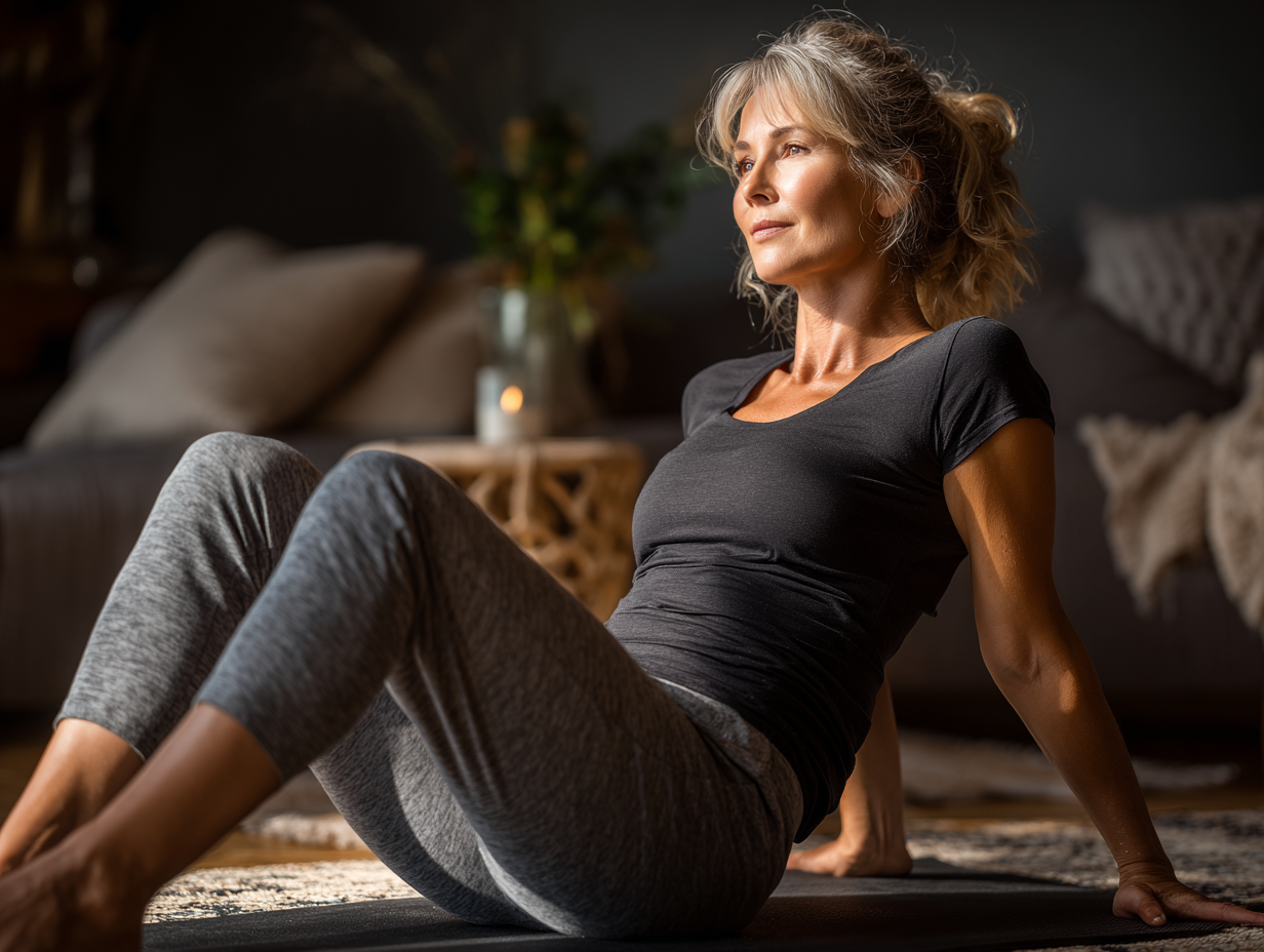 Група людей середнього віку займається йогою разом